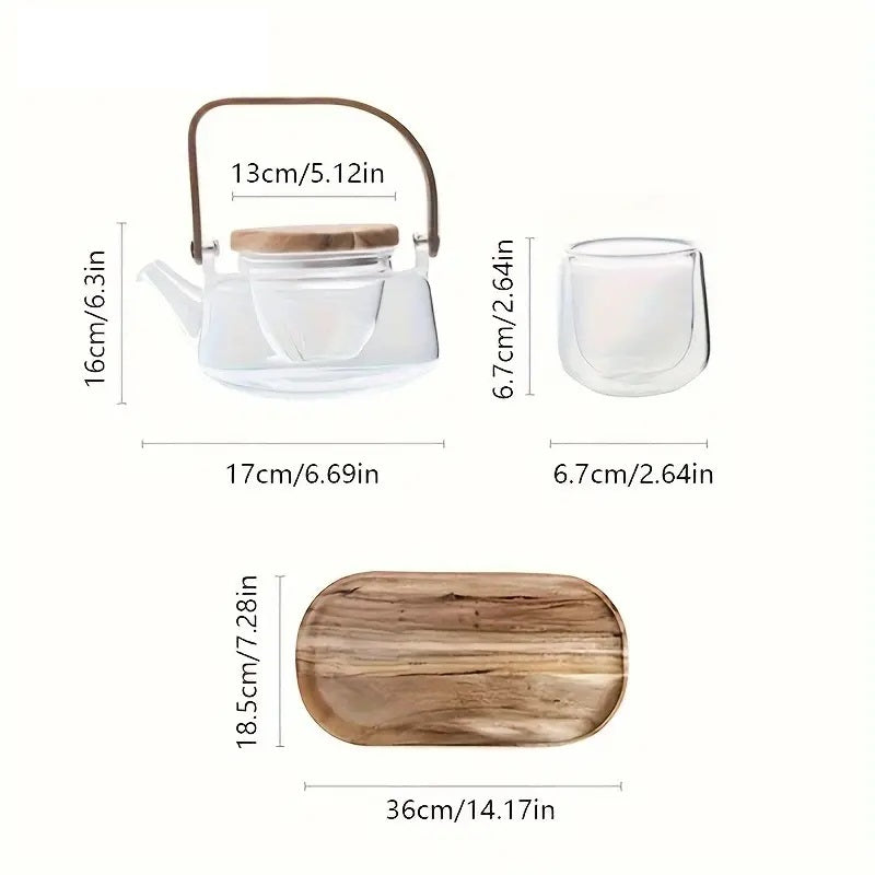 Glass Teapot Set With Wooden Tray, Double-Layer Glass Teacup (MW)