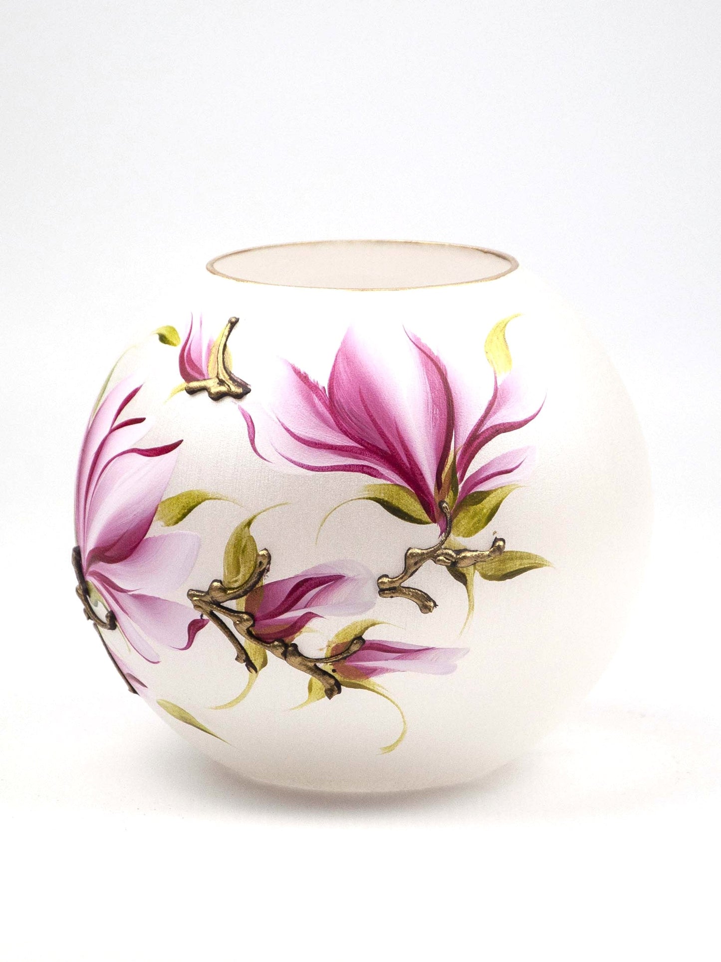 Handpainted Glass Vase | Painted Pink Flowers Art Glass Round Vase (CA)