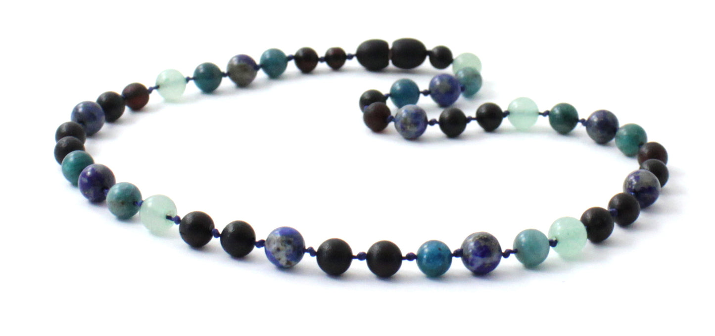Raw Cherry Baltic Amber Necklace with Apatite Lapis Lazuli Aventurine (PC)