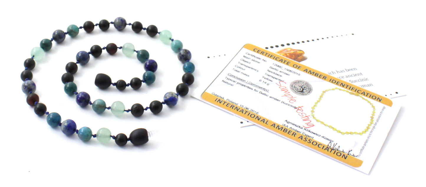 Raw Cherry Baltic Amber Necklace with Apatite Lapis Lazuli Aventurine (PC)