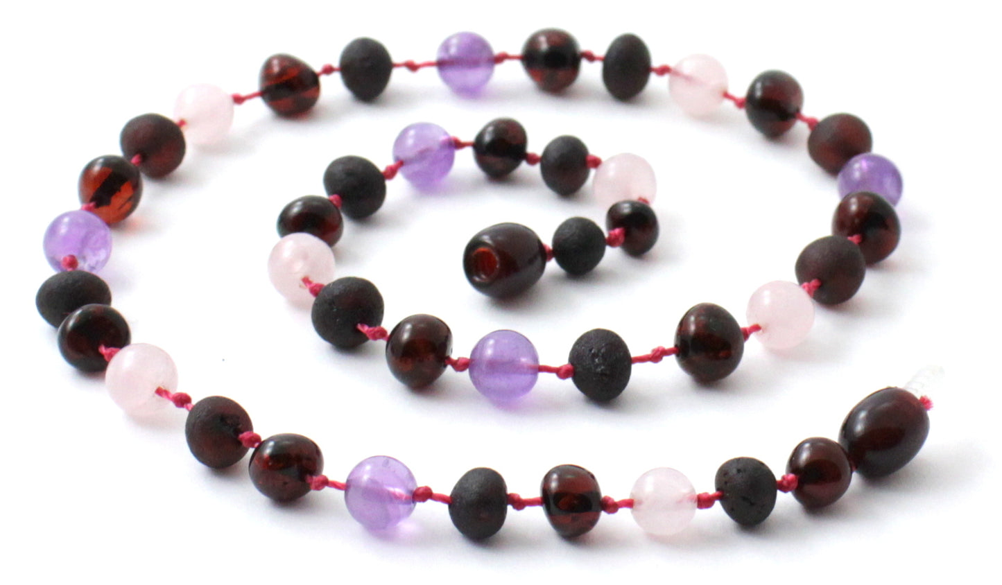 Baltic Amber, Amethyst and Rose Quartz Necklace Children Adult (PC)