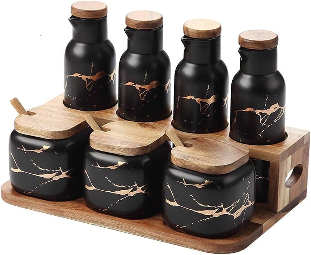 Ceramic Oil & Vinegar Dispenser Bottle and 3pcs Spices Set (MW)