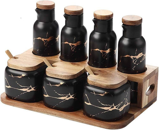 Ceramic Oil & Vinegar Dispenser Bottle and 3pcs Spices Set (MW)
