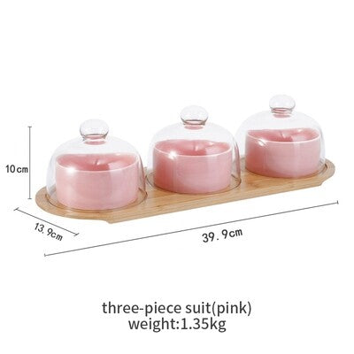 Ceramic Bowls With glass Lids, Bamboo Wood Tray- Pink (MW)