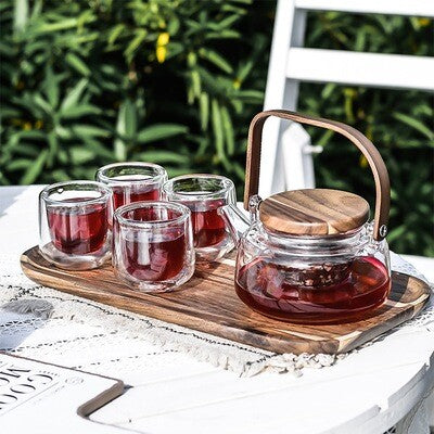 Glass Teapot Set With Wooden Tray, Double-Layer Glass Teacup (MW)