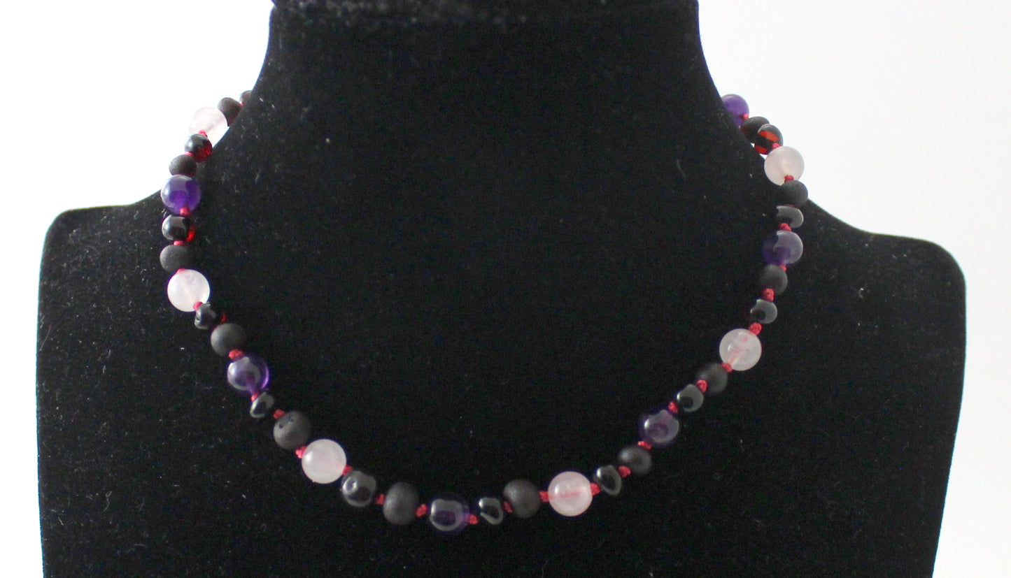 Baltic Amber, Amethyst and Rose Quartz Necklace Children Adult (PC)